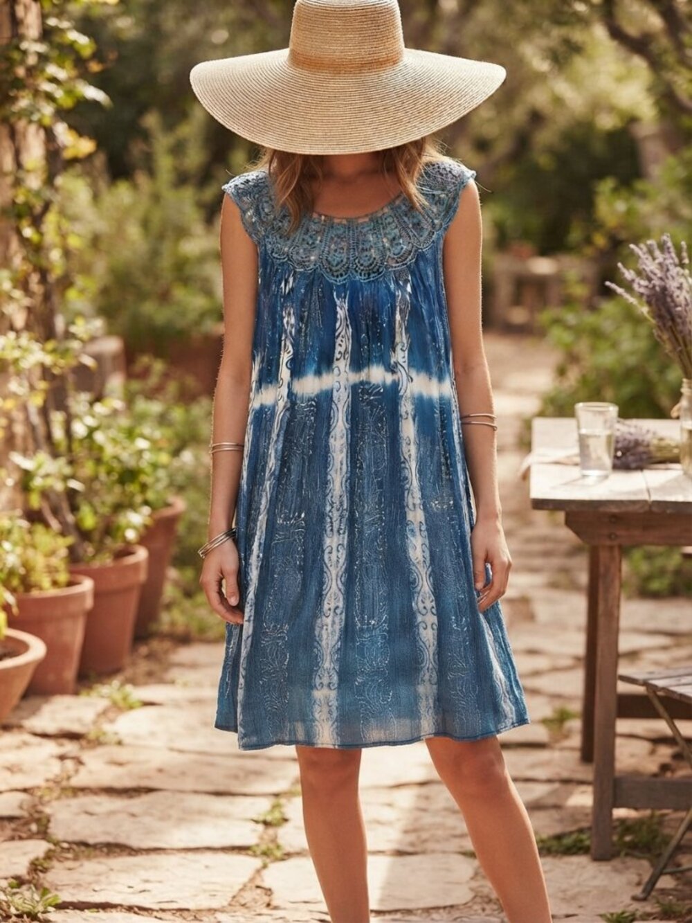 Shoreline Blue Tie-Dye Crochet Trim Sundress Size M